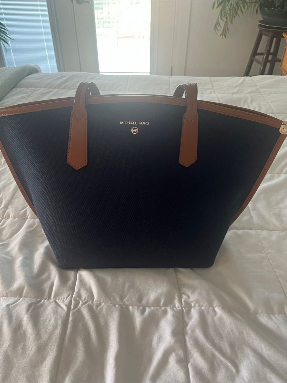 Michael Kors Navy Tote with Tan Trim and Gold Hardware